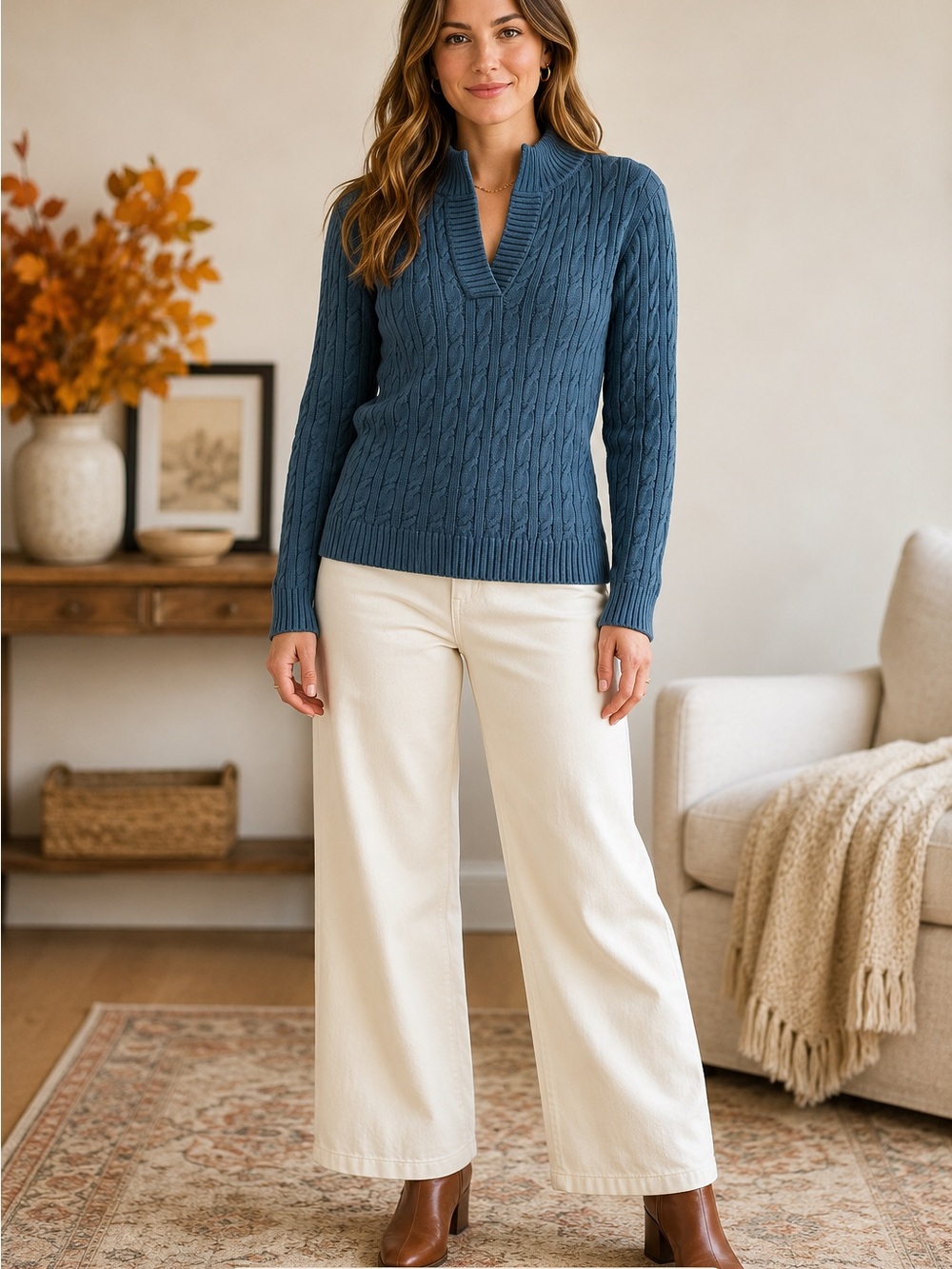 L.L.Bean Women’s Small Blue Cable Knit Cotton Sweater Split Mock Neck Pullover